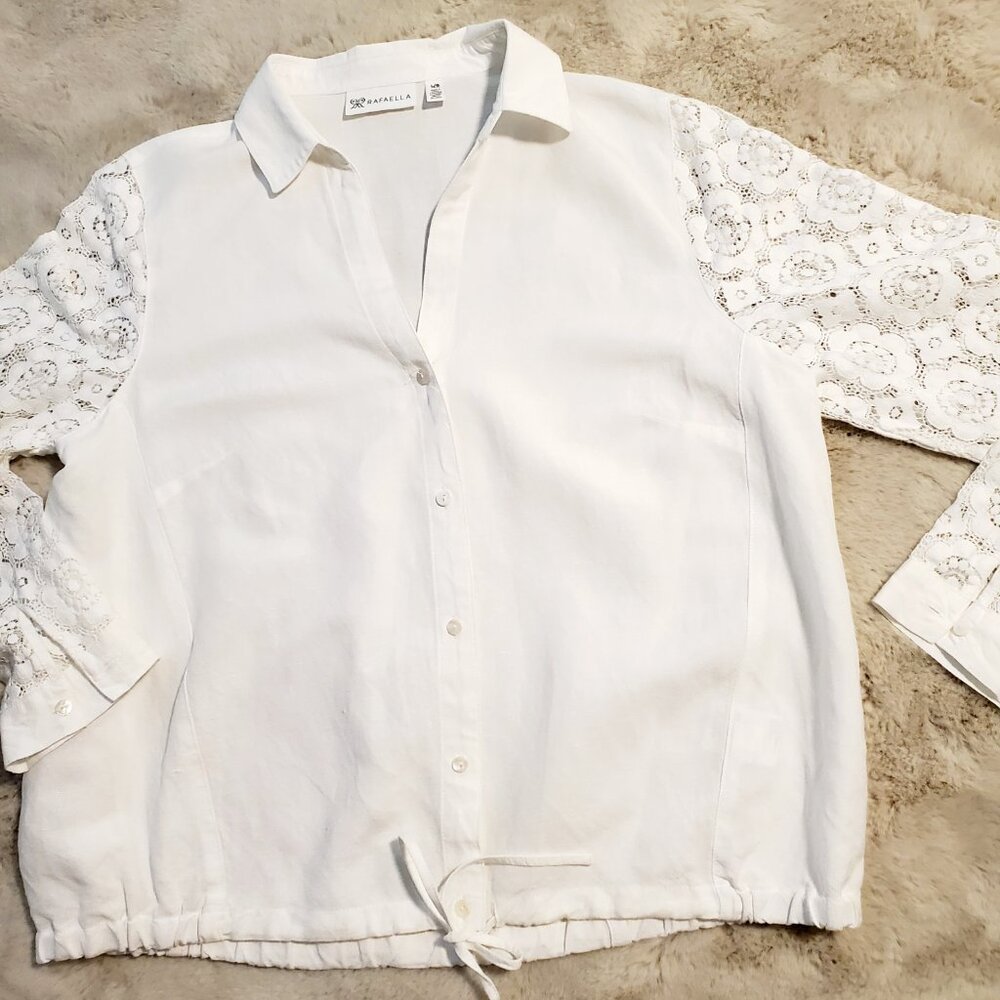 Linen Cotton Blend Rafael Large White Lace Sleeve Button Down Top - Picture 3 of 11
